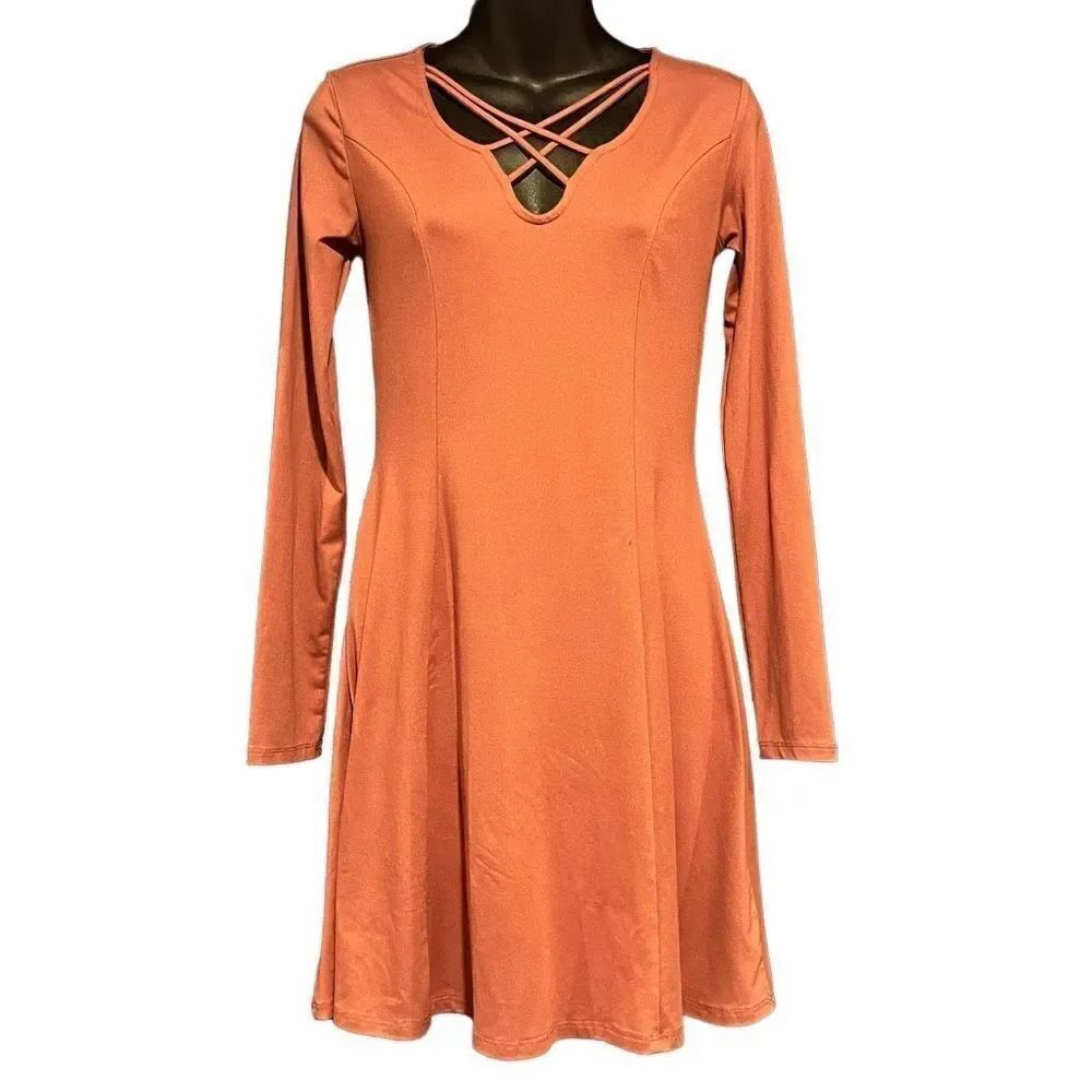 Mudd Dusty Coral Long Sleeve Caged Skater Dress Women’s Small